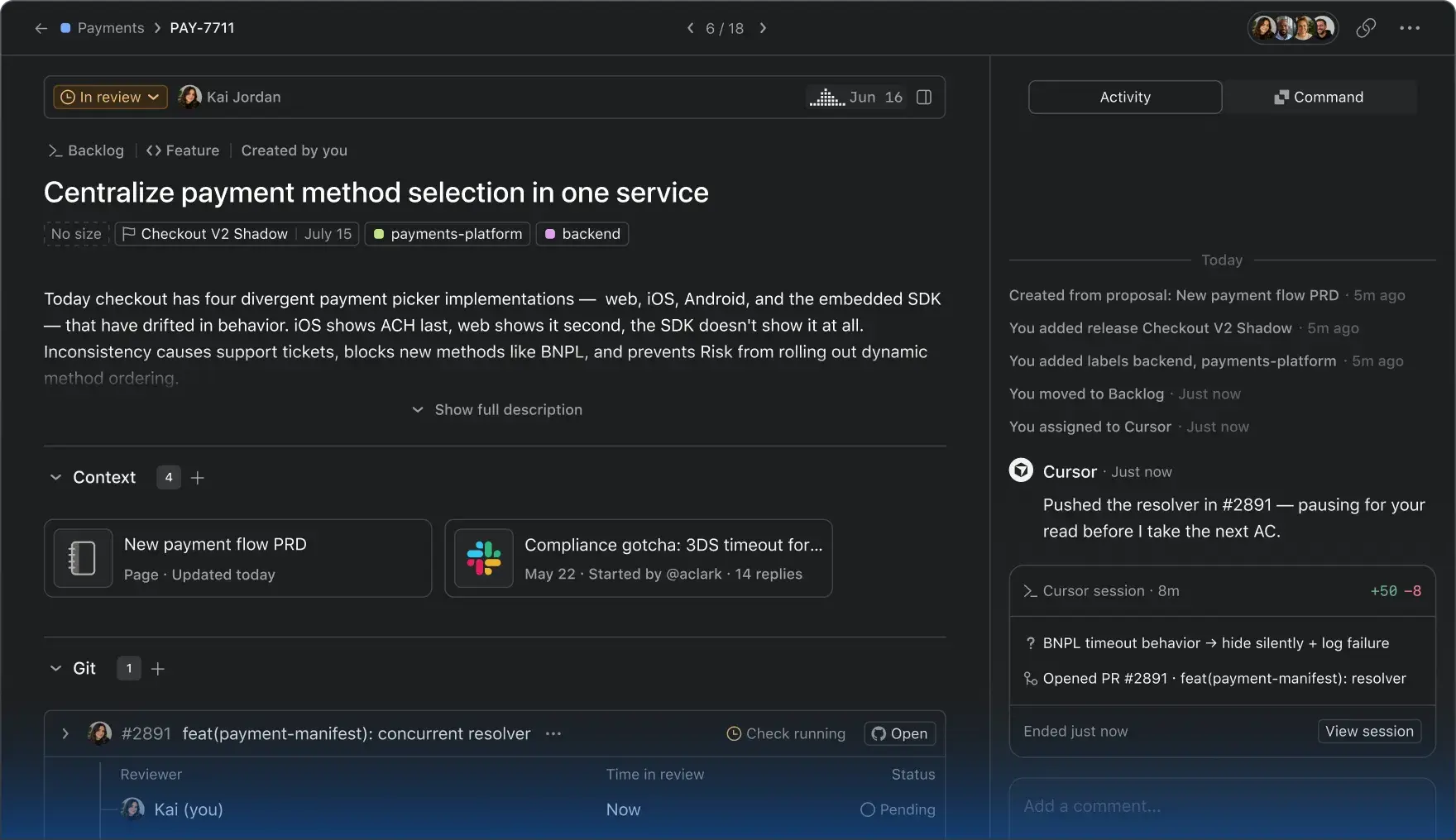 Asana task with an AI coding agent assigned, showing context, linked pull request and activity