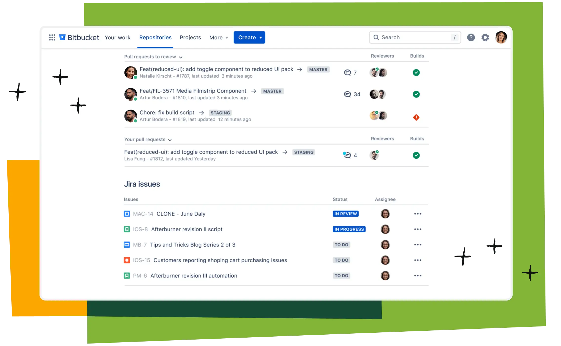 Bitbucket dashboard showing pull requests to review alongside linked Jira issues