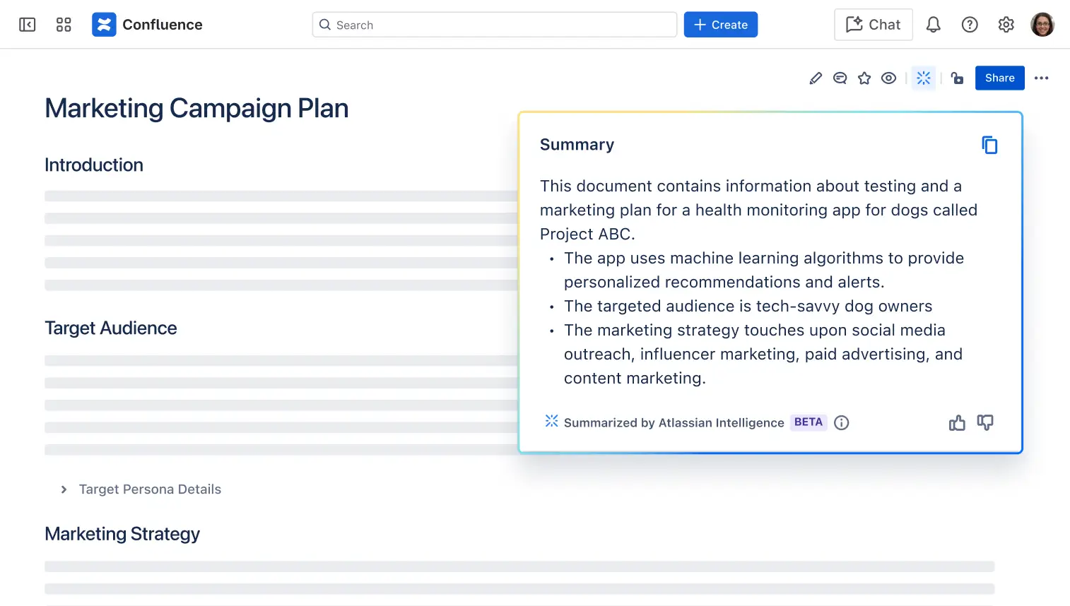Confluence page for a marketing campaign plan with an AI-generated summary panel