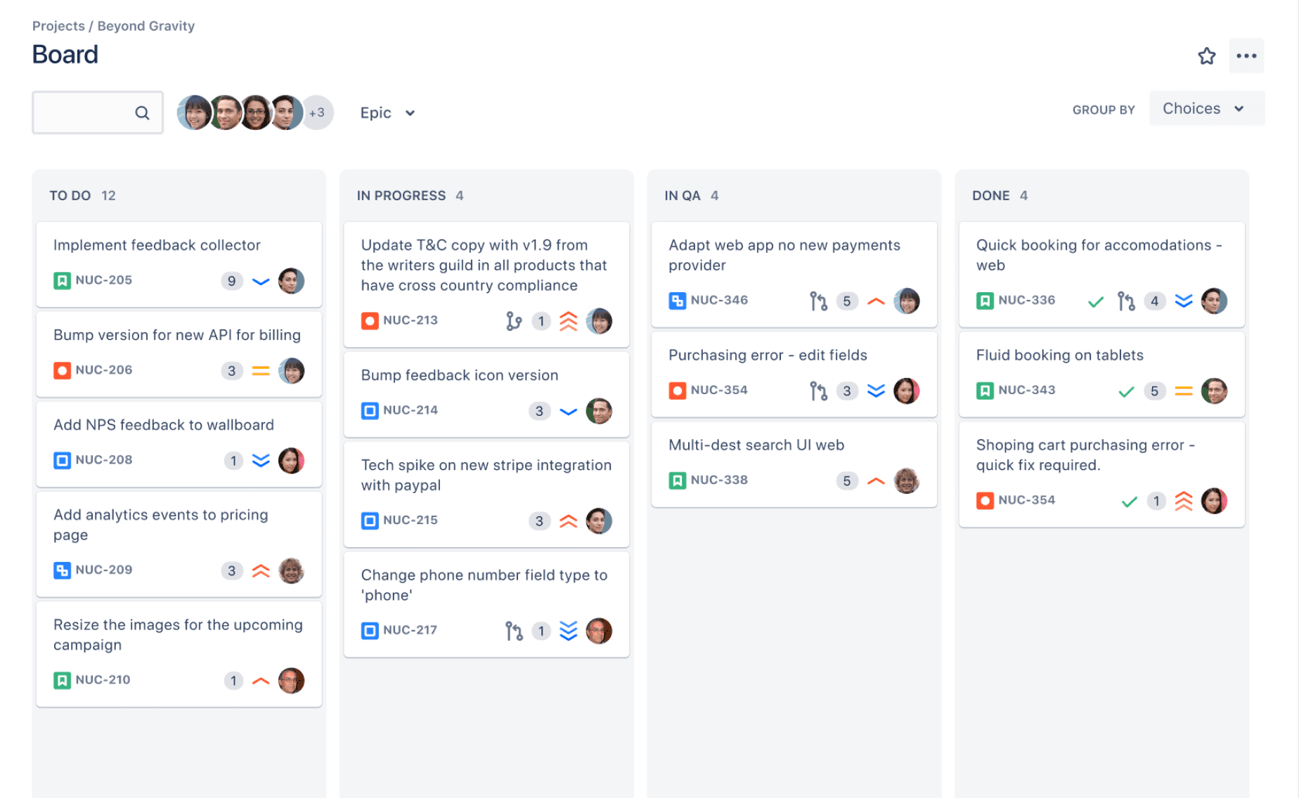 Jira Software Kanban board with To Do, In Progress, In QA and Done columns
