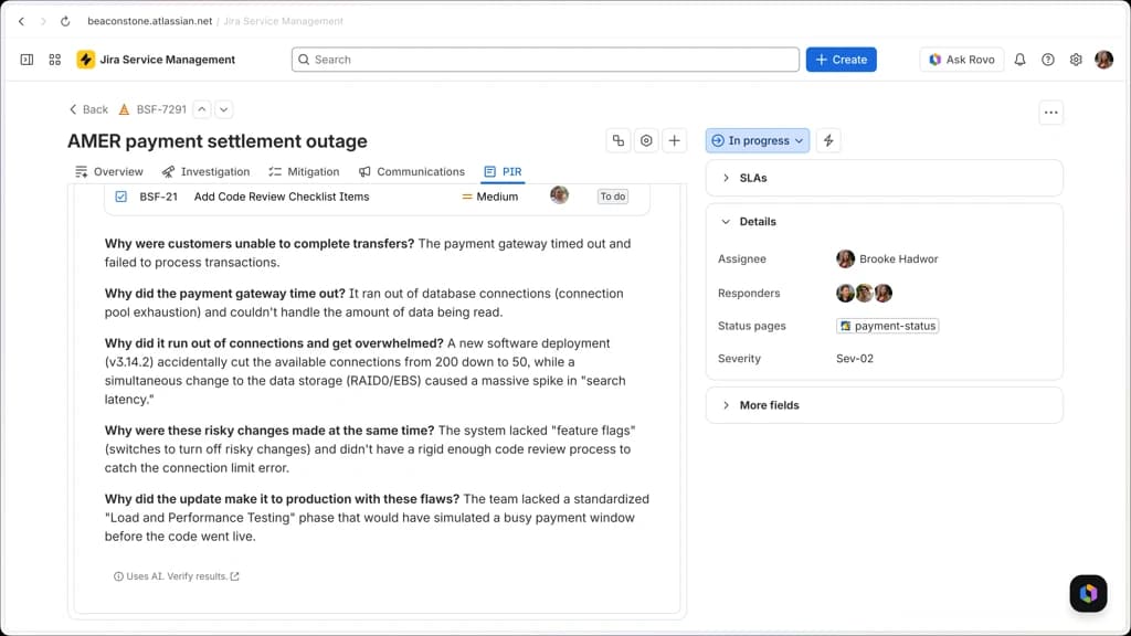 Jira Service Management incident showing a post-incident review with a five-whys root cause analysis